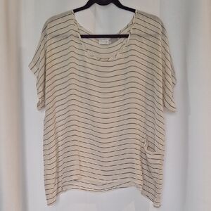 Lilu Beige With Blue Strips Pullover 100% Silk Blouse Size L
